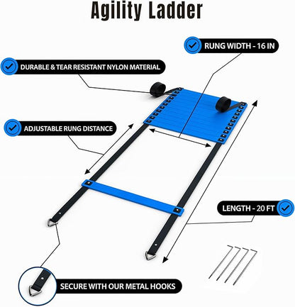 Complete Agility Ladder Training Set - 20ft Speed Ladder, 6 Adjustable Hurdles, 20 Cones, 5 Resistance Bands, 2 Speed Training Parachutes, Jump Rope, Nylon Carry Bag & Stakes