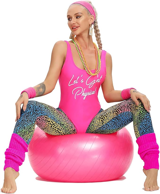 MIAIULIA Womens 80s Workout Costume Outfit 80s Accessories Set Leotard Neon Legging Headband Wristbands Set