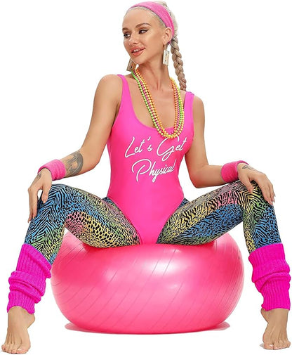 MIAIULIA Womens 80s Workout Costume Outfit 80s Accessories Set Leotard Neon Legging Headband Wristbands Set