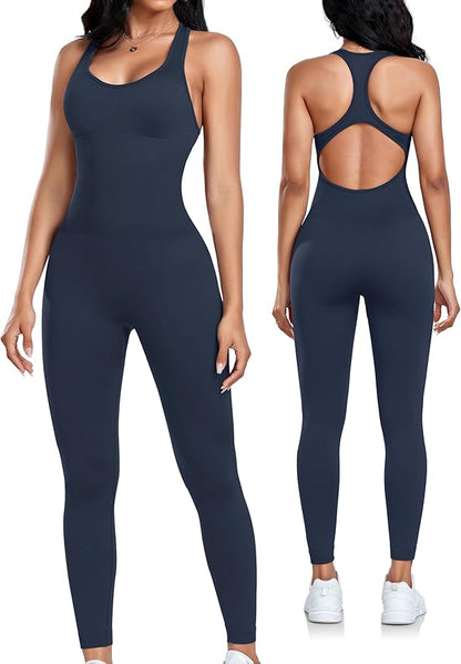 OLCHEE Womens Workout Jumpsuits Seamless Yoga Gym Bodycon Rompers Sexy Racerback Tummy Control Padded Bra Unitard