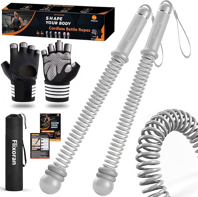 Cordless Battle Ropes Adjustable Trainer, Ropeless Weighted Portable Exercise Equipment for Home Gym Workouts, Compact Arm Strength for Men Women, Heavy Flex Rope Stick Fitness Gift