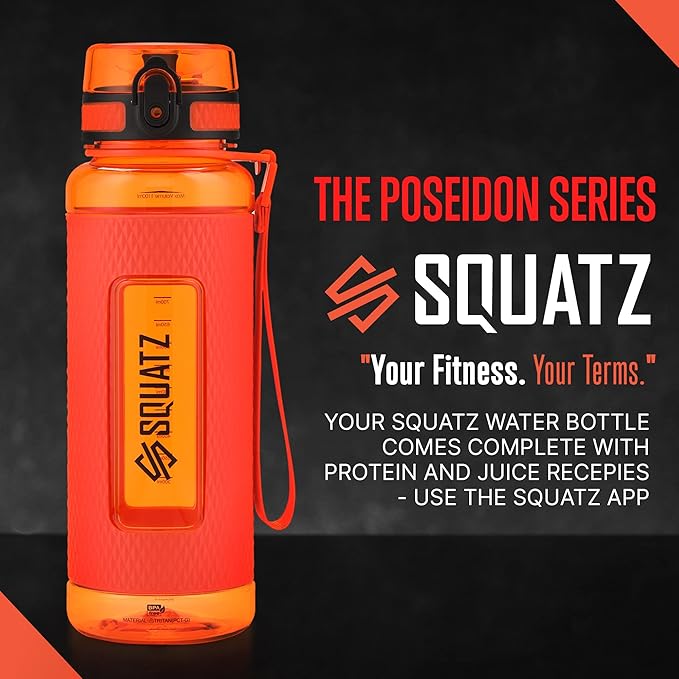 SQUATZ 40 Oz Poseidon Series Water Bottle for Protein and Fruit Shakes - Premium Quality Wide Mouth Gym Flask Fruit Infuser Strainer, Carrying Strap, Leak Resistance, No Condensation Sleeve, Orange