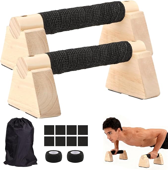 Parallettes Push Up Bar, Calisthenics Strength Training Equipment for Home, Wooden Pushup Handles for Floor