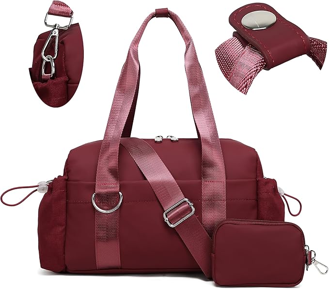 Everyday Mini Gym Bag for Women 2.0, Small Tote with Zipper Compartment Waterproof Travel Duffle Cute Handbag Workout Carry On with Removeable Shoulder Strap & Coin Wallet Easy to Clean-Wine