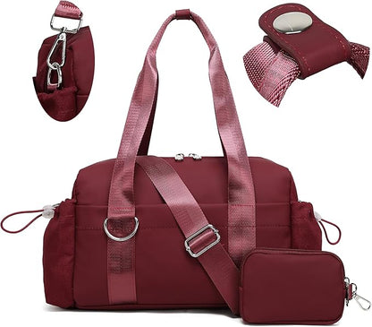 Everyday Mini Gym Bag for Women 2.0, Small Tote with Zipper Compartment Waterproof Travel Duffle Cute Handbag Workout Carry On with Removeable Shoulder Strap & Coin Wallet Easy to Clean-Wine
