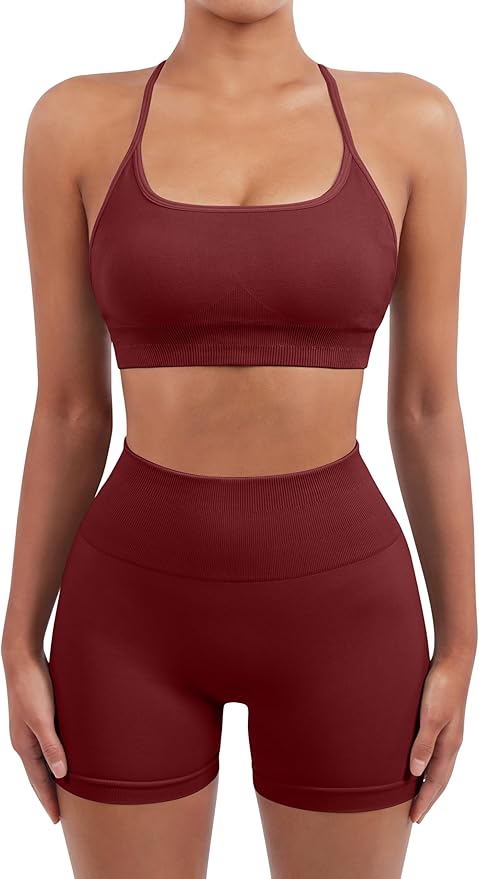 SUUKSESS Women Seamless Workout Sets Strappy Sports Bra High Waist Booty Shorts Outfits