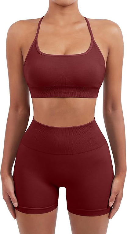 SUUKSESS Women Seamless Workout Sets Strappy Sports Bra High Waist Booty Shorts Outfits