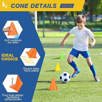 36pcs Cones 7 Inch Soccer Cones and Plastic Traffic Cones, Durable Cones for Sports Training, Ideal for Soccer, Basketball, Football, Skating, and Agility Drills Practice