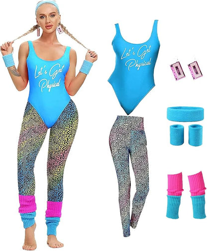 MIAIULIA Womens 80s Workout Costume Outfit 80s Accessories Set Leotard Neon Legging Headband Wristbands Set
