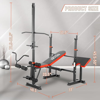 Foldable 1500LBS 8 IN 1 Olympic Weight Bench Set with Squat Rack, Leg Extension/Curl & Preacher Curl, Adjustable Bench Press Set with Safety Bar Catches for Home Gym Full Body Workout