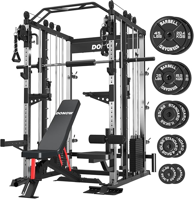 DONOW Smith Machine with Weight Stacks, Heavy Duty Home Gym System Power Cage Cable Crossover Machine Multi-Functional Trainer Ratio 1:1