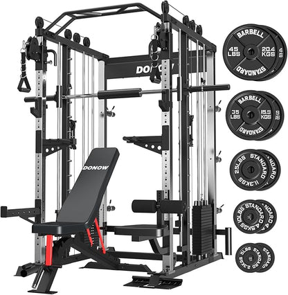 DONOW Smith Machine with Weight Stacks, Heavy Duty Home Gym System Power Cage Cable Crossover Machine Multi-Functional Trainer Ratio 1:1