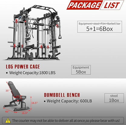 Smith Machine with Cable Crossover System, Multi-Function Squat Rack Power Cage for Home Gym, Power Rack and Packages Weight Sets
