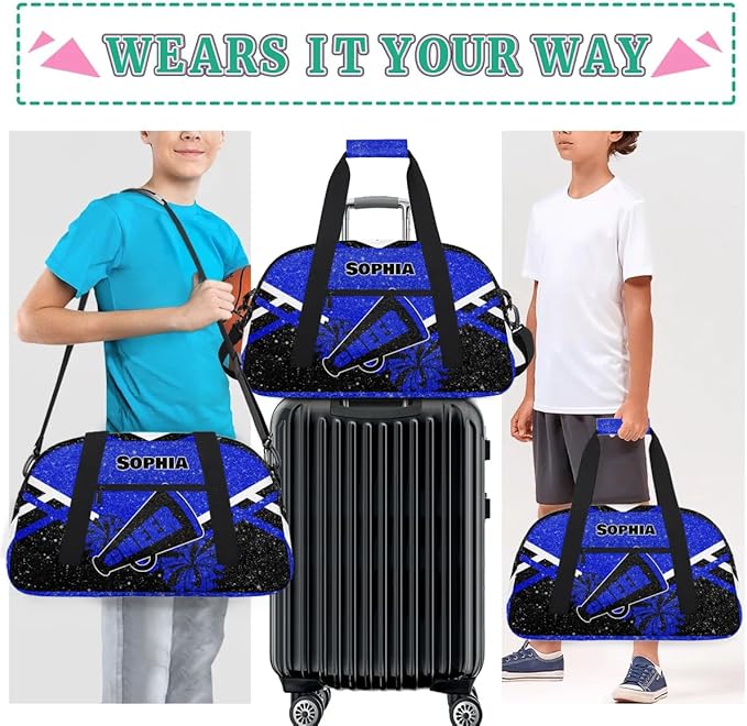 Personalized Cheer Duffle Bag - Customized Travel Overnight Weekender Bag for Cheerleaders - Royal Blue with Glitters Effect