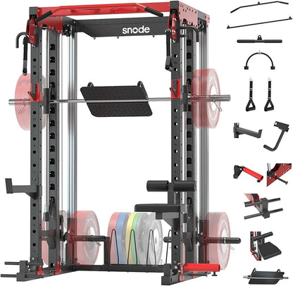 SNODE ALL10 Smith Machine for Home Gym, Power Rack with Cable Crossover, Squat Rack with Leg Press and Advanced LAT Pull-Down Seat, 2000LB Weight Capacity