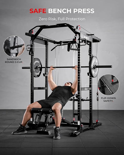Mikolo K6 2.0 Power Cage, Power Rack with Cable Crossover System, 2000LBS Squat Rack with LAT Pull Down System, Functional Trainer with Aluminum Pulley System for Home Gym