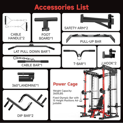 Smith Machine Power Rack, Eryntix All-in-One Power Cage with Cable Crossover, Squat Rack, LAT Pulldown & Pull-Up Bar, 2600LBS Capacity Home Gym Equipment with 18 Attachments for Strength Training