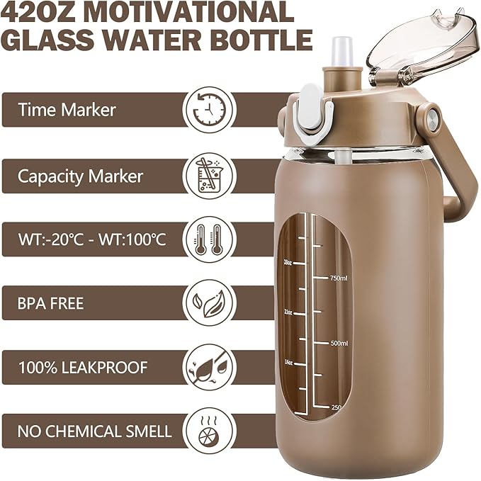 kytffu 42oz Glass Water Bottles with Straw, Motivational Glass Bottle with Silicone Sleeve and Time Marker, Leakproof Large Glass Water Jug for Gym Home Office,Amber