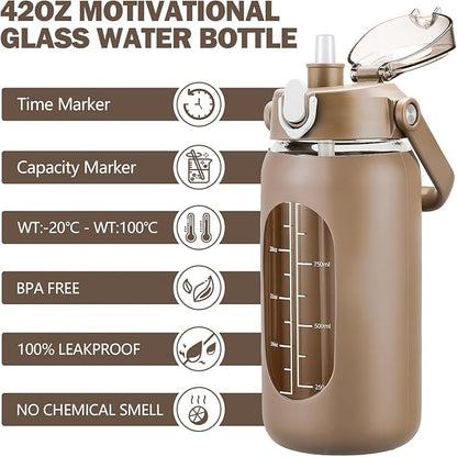 kytffu 42oz Glass Water Bottles with Straw, Motivational Glass Bottle with Silicone Sleeve and Time Marker, Leakproof Large Glass Water Jug for Gym Home Office,Amber