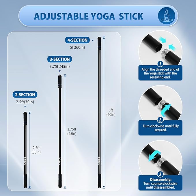 Yoga Stick 5 ft, Sturdy Steel Adjustable Stretching Stick for Mobility, Balance and Flexibility, Versatile Exercise Stick with Non-Slip Ends and Foam Handles for Fitness, and Posture Correction