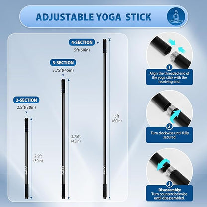Yoga Stick 5 ft, Sturdy Steel Adjustable Stretching Stick for Mobility, Balance and Flexibility, Versatile Exercise Stick with Non-Slip Ends and Foam Handles for Fitness, and Posture Correction