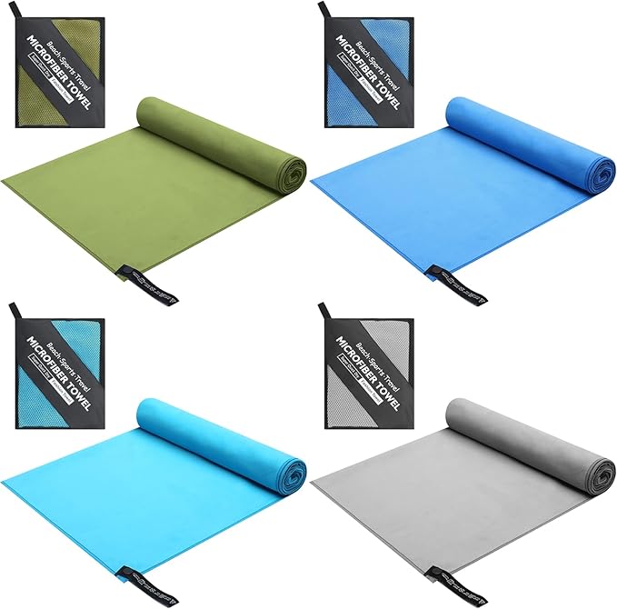 VitalCozy 4 Pcs Quick Dry Camping Towel 48" x 24" Microfiber Travel Swimming Lightweight Towel Absorbent Fast Drying Set for Beach Yoga Sports Swimming Pool Backpacking Workout, 4 Colors