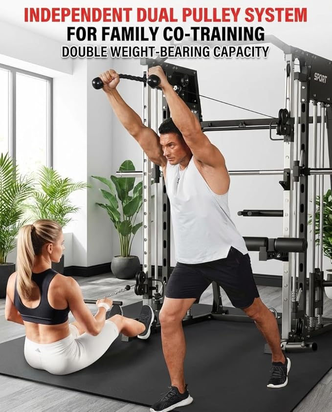 Smith Machine Home Gym All-in-1, 2200LBS Power Cage with Dual Cable Pulley Systems, LAT Pull-Down & Leg Hold-Down | Complete Strength Training Equipment for Full Body Workouts