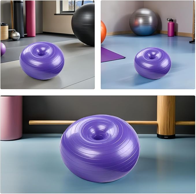 VOSAREA Inflatable Donut Yoga Ball with Air Pump, Thickened Durable Stability Ball for Core Training and Pregnancy Exercise, Purple Gym Balance Trainer for Home and Office