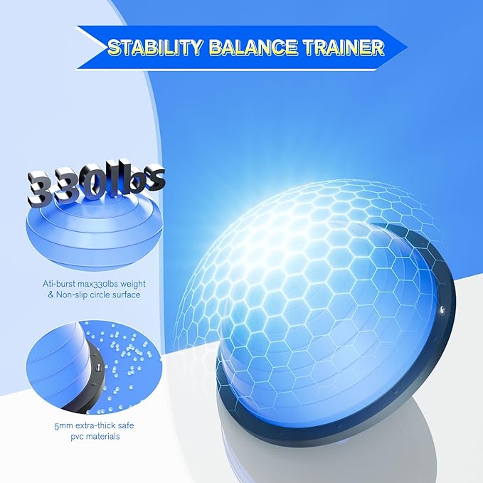 Half Balance Ball Trainer - 23 Inch Half Exercise Ball for Workout, Physical Therapy, Yoga, Home Gym, Core Strength, Stability, Fitness, Balance Training Equipment with Resistance Bands, Foot Pump