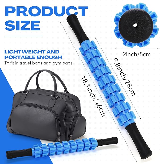 Hiboom 12 Pack Muscle Roller Stick with 9 Independent Rollers Massage Stick Anti-Slip Grip for Yoga Fitness Recovery Lymphatic Drainage Leg Back Pain Relief Athletes Runners Physical Therapy(Blue)