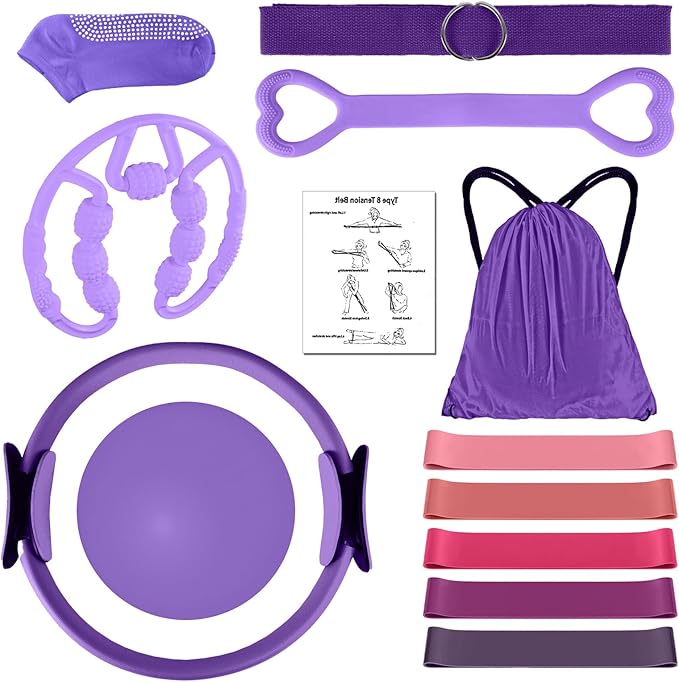 Pilates Kit 14PCS for Women, Pilates Equipment with Pilates Ring Set, Home Pilates Workout Kit, Mini Exercise Ball, Loop Resistance Bands, Stretch Strap, Massage Roller, Grip Socks
