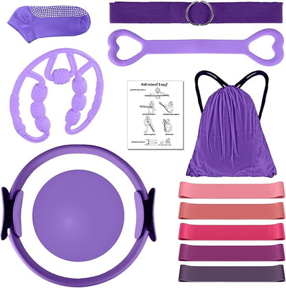 Pilates Kit 14PCS for Women, Pilates Equipment with Pilates Ring Set, Home Pilates Workout Kit, Mini Exercise Ball, Loop Resistance Bands, Stretch Strap, Massage Roller, Grip Socks