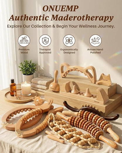 ONUEMP 2PCS Wood Therapy Massage Tools, Wooden Massage Roller Stick & Back Massager Roller Rope, Maderoterapia Kit Colombiana for Lymphatic Drainage, Anti Cellulite, Body Sculpting, Ease Deep Tissue