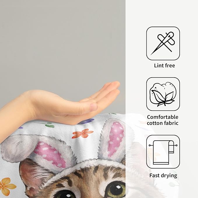 Easter Cat Hand Towels 2 Pack 14"x28" Pink Rabbit Ears Kitchen Towels Cat Bunny Eggs Dish Towels Spring Summer Holiday Finger Towels for Kitchen Bathroom Shower Hotel Gym