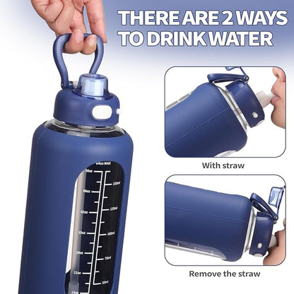 SIEROZUR 64 oz Glass Water Bottle with Straw and Handle Half Gallon Large Water Bottle with Silicone Sleeve and Time Marker Sports Water Jug Wide Mouth for Travel Gym