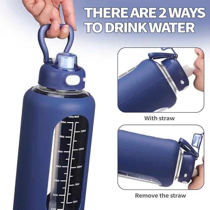 SIEROZUR 42 oz Glass Water Bottle with Straw and Handle Half Gallon Large Water Bottle with Silicone Sleeve and Time Marker Sports Water Jug Wide Mouth for Travel Gym