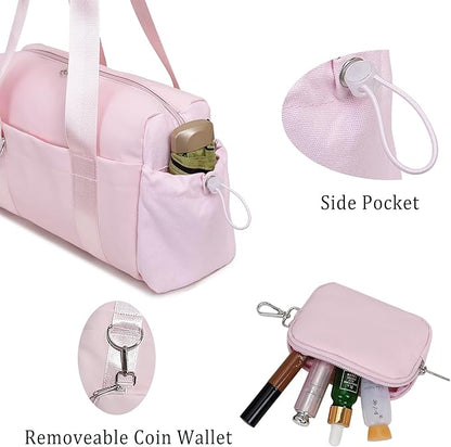 Everyday Mini Gym Bag for Women 2.0, Small Tote with Zipper Compartment Waterproof Travel Duffle Cute Handbag Workout Carry On with Removeable Shoulder Strap & Coin Wallet Easy to Clean - Pink