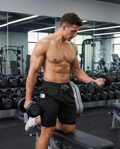 Sureio 3 Pcs Men's 2 in 1 Gym Workout Running Shorts 7 Inch Quick Dry Lightweight Athletic Short with Liner Pocket Towel Loop