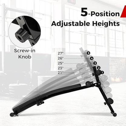 Goplus Adjustable Sit Up Bench for AB Exercise, Foldable Curved Slant Bench with High Density Foam Cushioned Seat for Strength Training, Incline Decline Workout Equipment for Home Gym, Black
