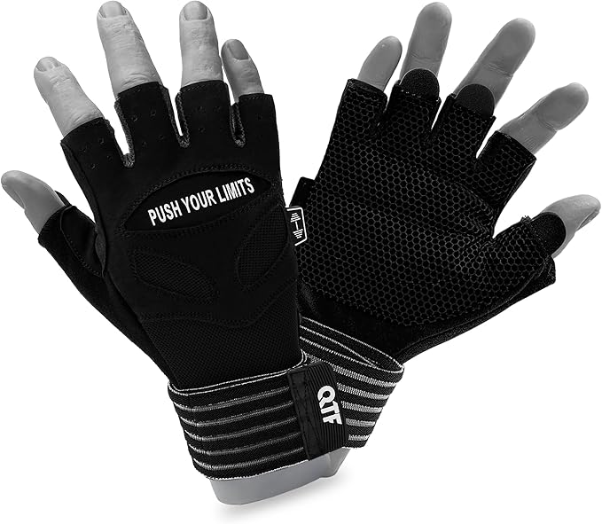 QTF Weight Lifting Gym Workout Gloves with Long Wrist Strap, Fingerless Gym Gloves for Men & Women, Full Palm Protection, for Weightlifting, Training, Fitness, Hanging