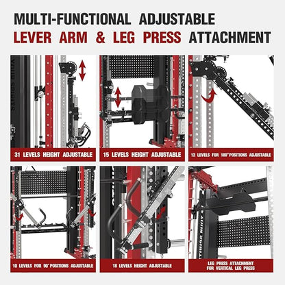 FAGUS Commercial Smithe Machine with Dual Weight Stacks, Power Cage Squat Rack with Lever Arm & Leg Press Attachment, Multi-Function Linear Bearing Cable Crossover Machine for Home Gym