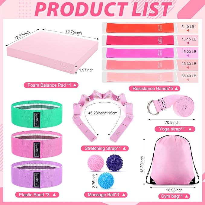16 Pcs Home Pilates Kit for Women Resistance Band, Stretching Band, Non Slip Socks, Yoga Fascia Balls, Stretch Belt in Sections, Balanced Cushions, Hip Belt and Drawstring Bag