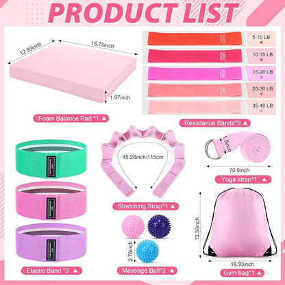 16 Pcs Home Pilates Kit for Women Resistance Band, Stretching Band, Non Slip Socks, Yoga Fascia Balls, Stretch Belt in Sections, Balanced Cushions, Hip Belt and Drawstring Bag