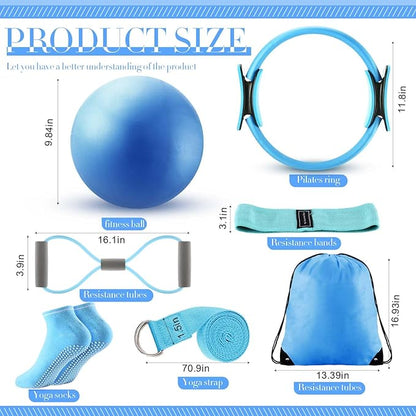 Poen Pilates Equipment Kit for Home Workout Pilates Ring and Ball Set for Women 12'' Circle Yoga Fitness Essentials Kit with Resistance Bands, Yoga Strap, Socks,Bag