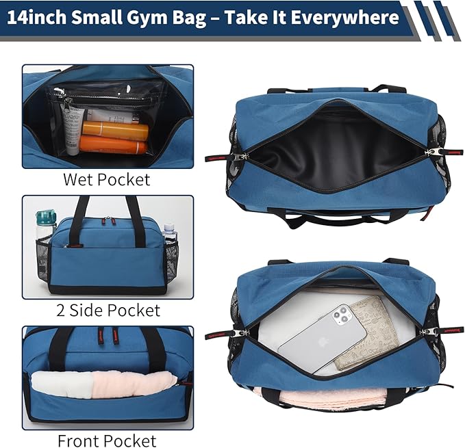 Small Gym Bag with Wet Pocket - 14 inch Mini Duffle Bag for Men & Women Lightweight Carry On Bag for Travel Sport - Blue