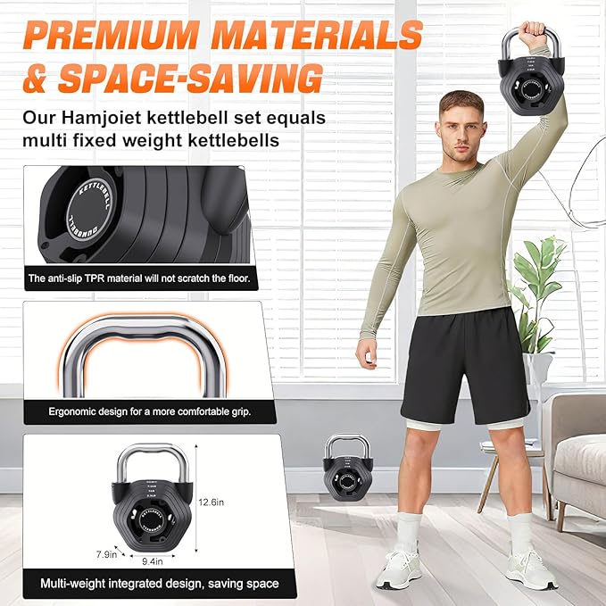 2-in-1 Adjustable Kettlebell, 15-45LB Kettlebells Weight Set for Strength Training, 5.9-30.9LB Adjustable Weights Dumbbell for Home Gym Full Body Workout