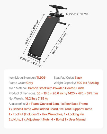 VEVOR Sit Up Bench, Decline Ab Bench with Reverse Crunch Handle, Adjustable Height Setting, Heavy Duty Steel, 500/600/1000 Lbs Capacity for Home Gym Workouts, Strength Training, Full Body Muscles