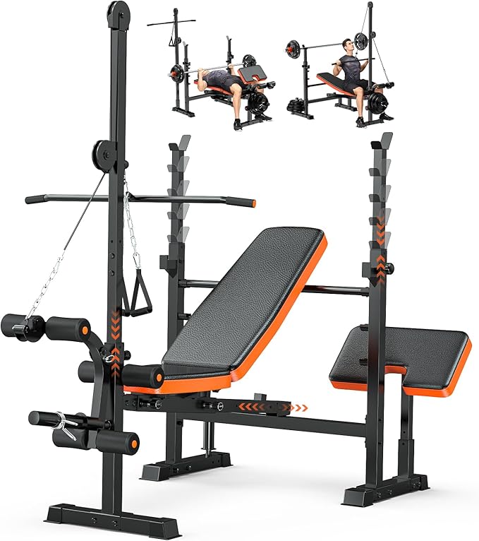 Fostoy 9-in-1 Adjustable Olympic Weight Bench with Lat Pulldown, Row, Squat Rack & Leg Curl – Multi-Function Strength Training Bench Press for Home Gym Full Body Workout