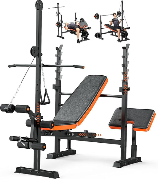 Fostoy 9-in-1 Adjustable Olympic Weight Bench with Lat Pulldown, Row, Squat Rack & Leg Curl – Multi-Function Strength Training Bench Press for Home Gym Full Body Workout