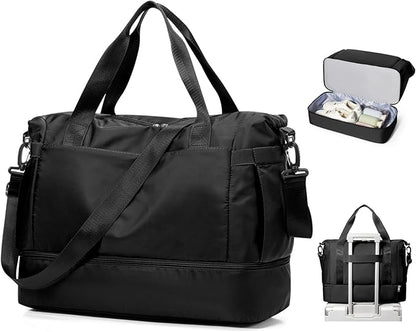Small Black Gym Duffle Bag for Women Men with Shoe Compartment, Mini Cute Weekender Handbag Carry on Travel Bag for Airplane, Water Resistant Sports Yoga Tote Bag with Dry Wet Separated Pocket.